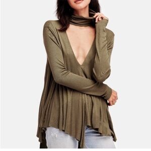 Olive Green Deep V Choker Swing Top - Women